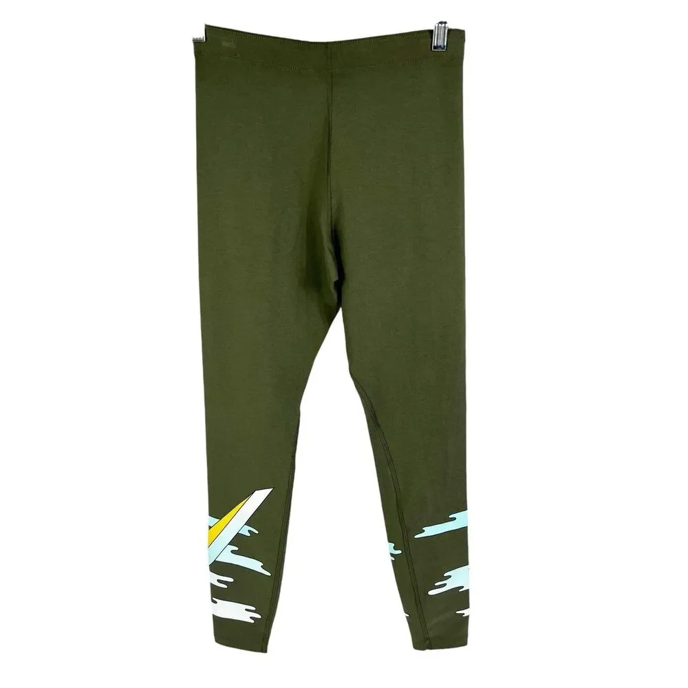 Nike Icon Clash Olive Green Art Swoosh Graphic High Rise Leggings Women’s Small